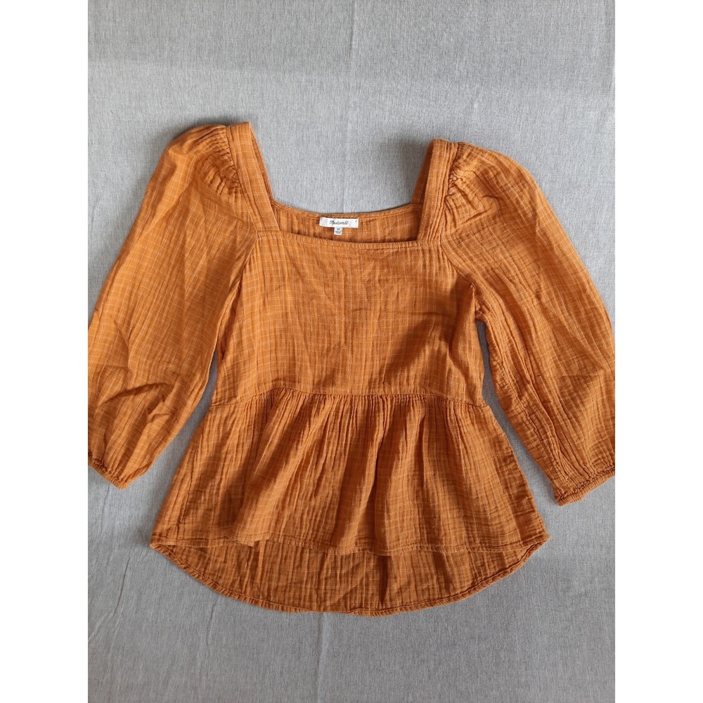 Madewell Women XS Plaid Relaxed Fit Wrinkled Top Blouse 3/4 Sleeve Square‎ Neck